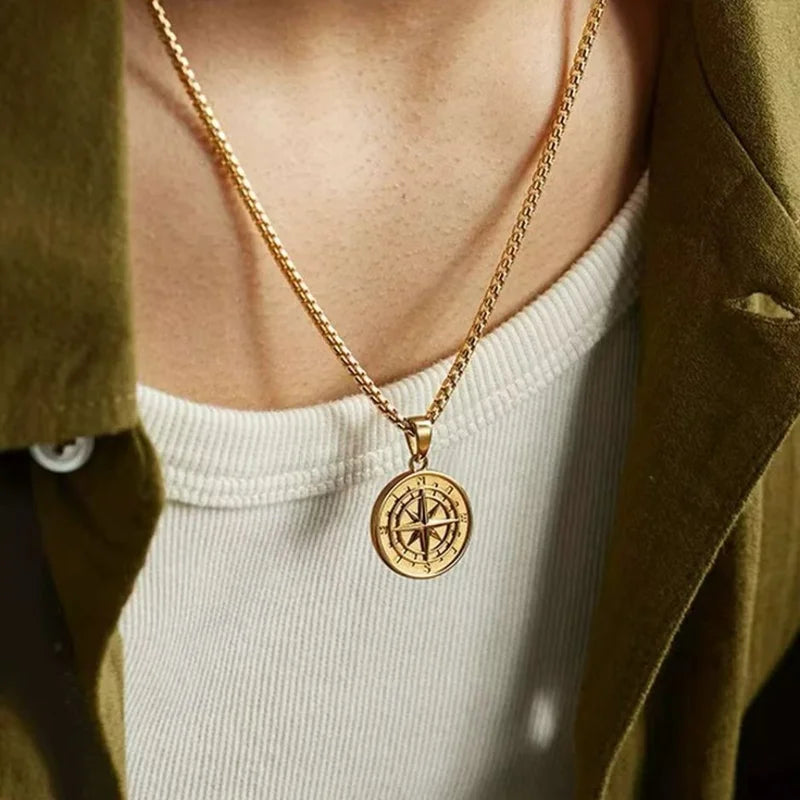Retro Compass Pendant Necklace Men Stainless Steel Hip Hop Jewelry Gift
