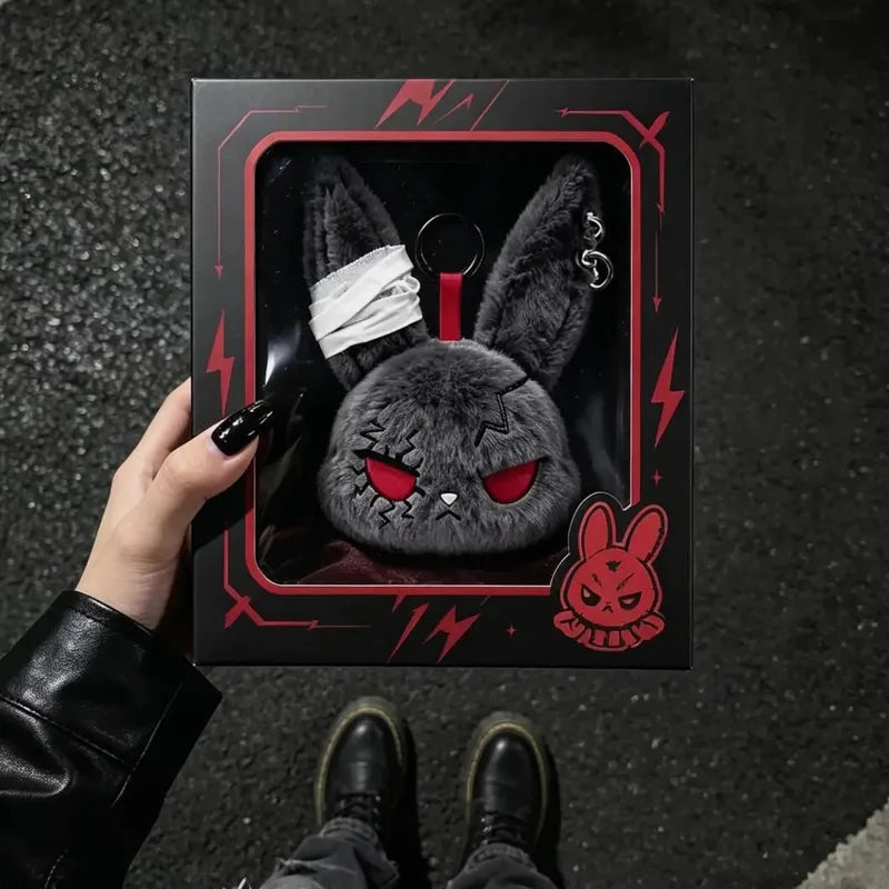 Gothic Bunny Plush Keychain Rabbit Bag Charm with Bandage Design - Kawaii Key Ring Pendant for Car & Bag
