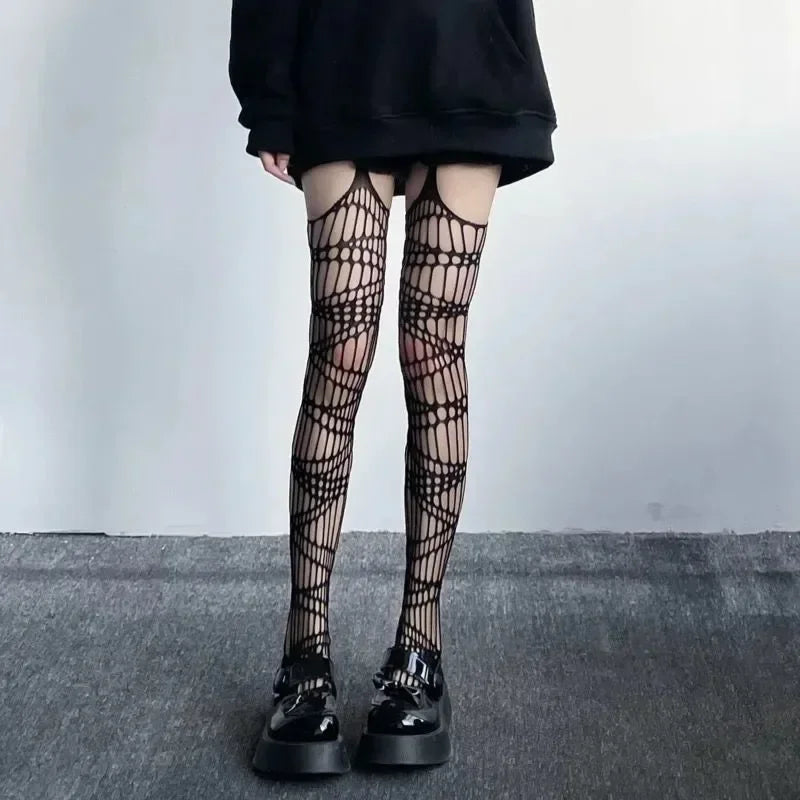 Gothic Fishnet Stockings for Women Halloween Garter Over Knee Tights