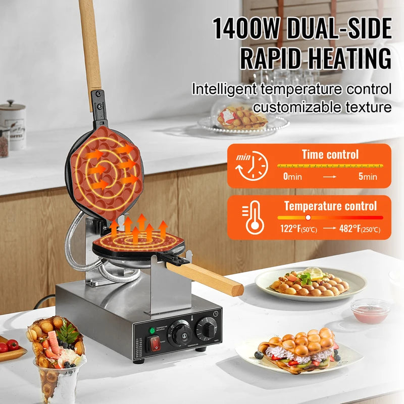 Commercial Egg Bubble Waffle Maker 1400W Non-Stick Stainless Steel with Rotatable Pans