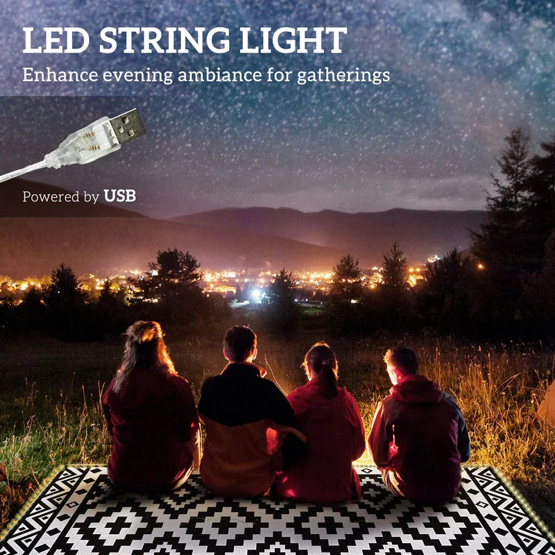 Reversible Outdoor Rug Carpet 12x9 ft with LED String Lights, Waterproof & Stain-Resistant