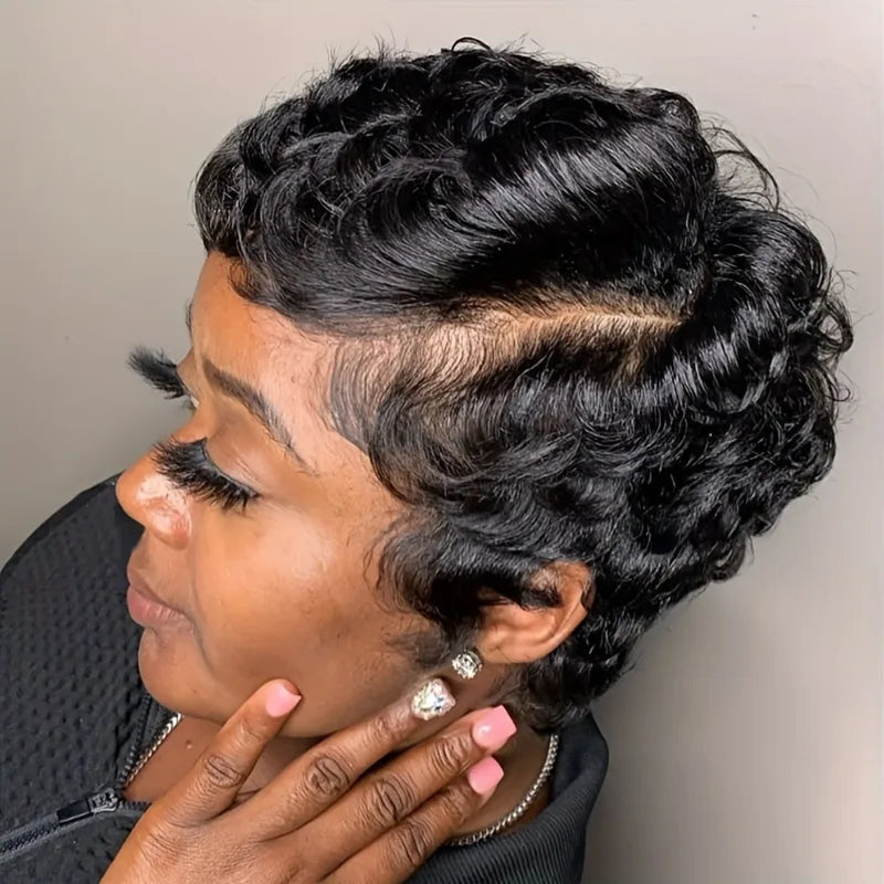 Short Pixie Wigs for Women - 6 Inch Curly Wave Human Hair, Glueless & Dense
