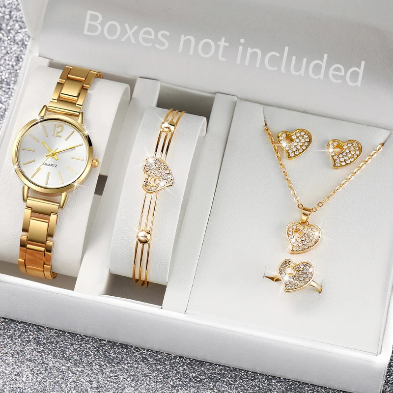 Women's Stainless Steel Analog Quartz Watch with Heart Jewelry Set - 6 Pieces