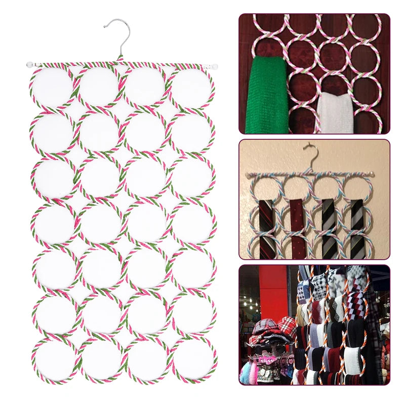 Foldable Scarf Organizer Rack with 28 Rattan-Weave Rings for Wardrobe & Display