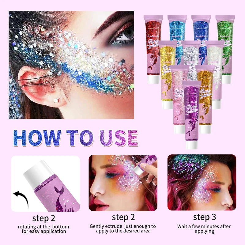 10 Piece Body Glitter Gel Set - Carnival Face & Hair Shine Cosmetics