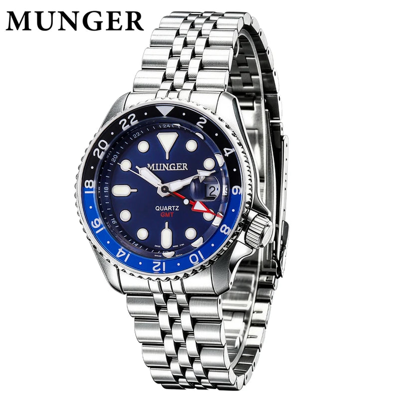 Men's 42mm GMT Quartz Watch with Luminous Hands Waterproof Stainless Steel