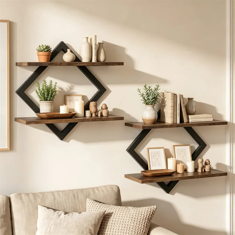 2-Tier Wall Mounted Storage Shelves - Rustic Wood & Metal Design for Living Room & Kitchen