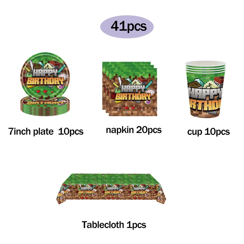 Pixel Birthday Party Decoration Set - Tableware for Halloween & Themed Events