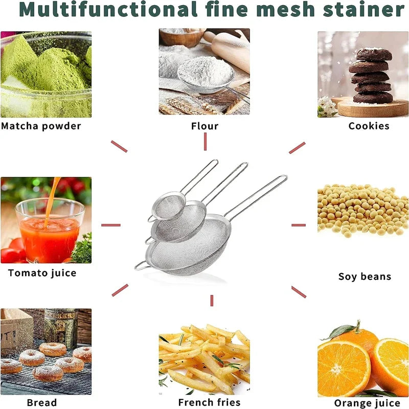 Stainless Steel Fine Mesh Oil Strainer & Sieve Set for Kitchen Baking