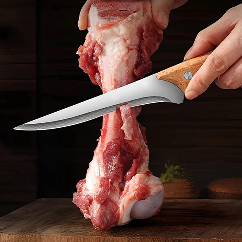 Stainless Steel Fillet Boning Knife - Professional Chef's Kitchen Knife with Wooden Handle - Forged Meat & Fish Slicing Knife