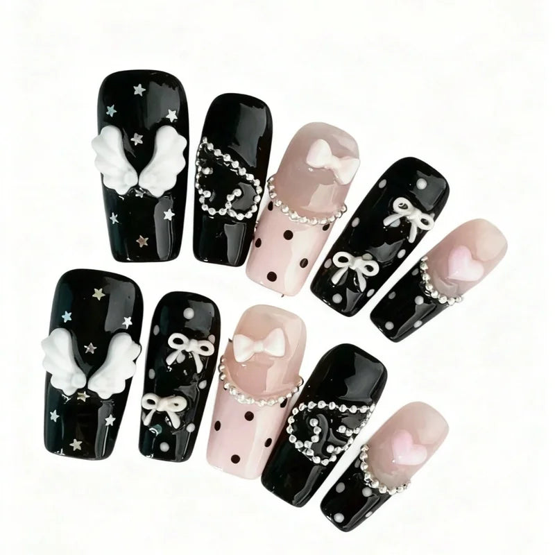 10 Pieces Gothic Coffin-Shaped Nail Fake Nails for Ladies - Polka Dots Design