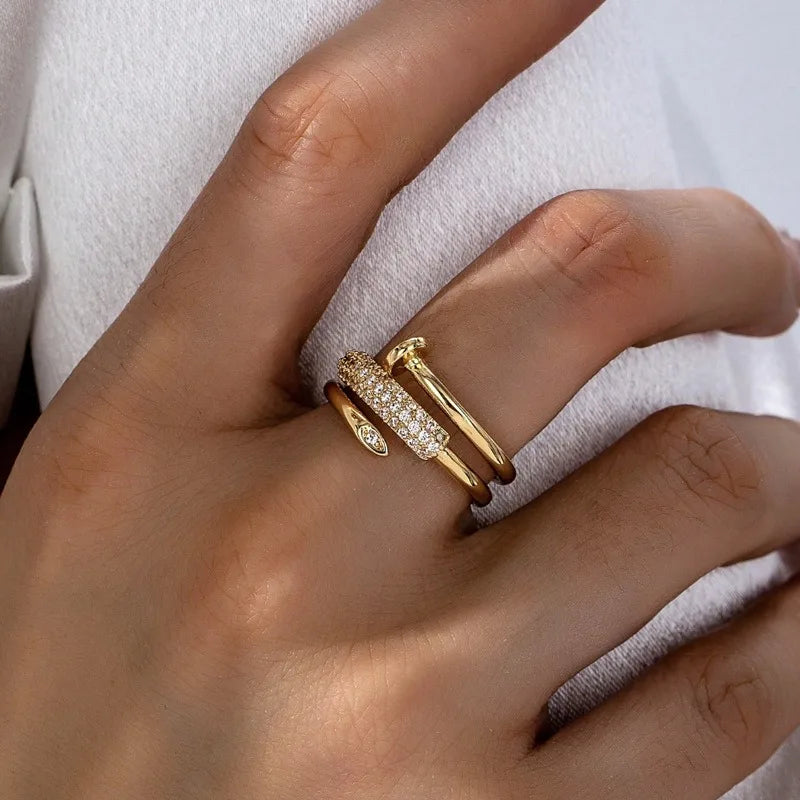 Personalized Light Luxury Zircon Three Circle Nail Opening Ring for Women