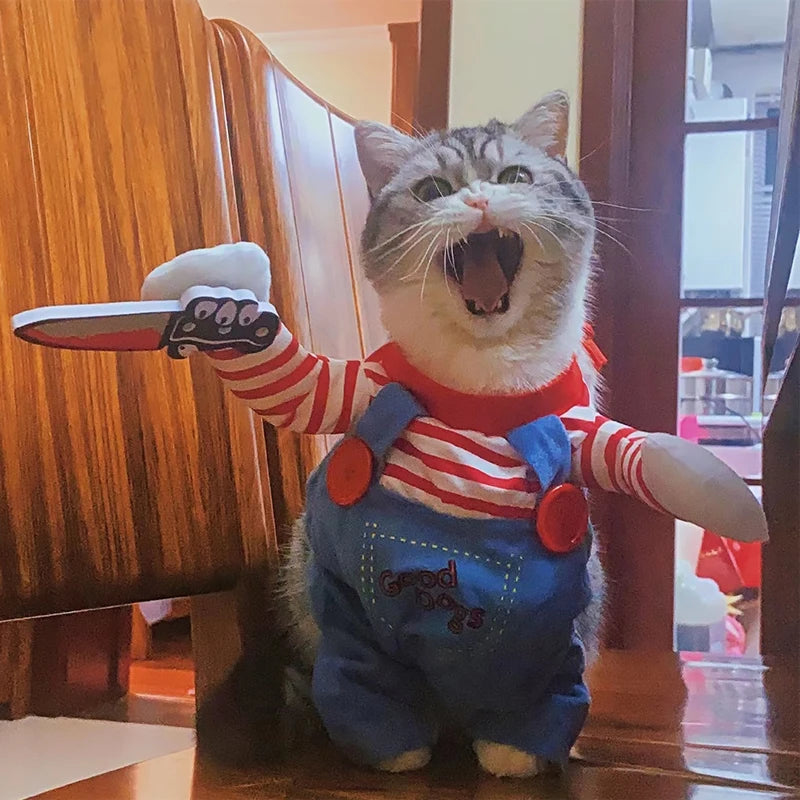 Funny Cat Halloween Cosplay Costume with Jumpsuit and Foam Knife - Small to XL