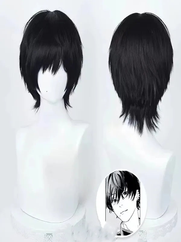 Anime Cosplay Wig 35cm Short Black Heat-Resistant Synthetic Hair for Men & Women