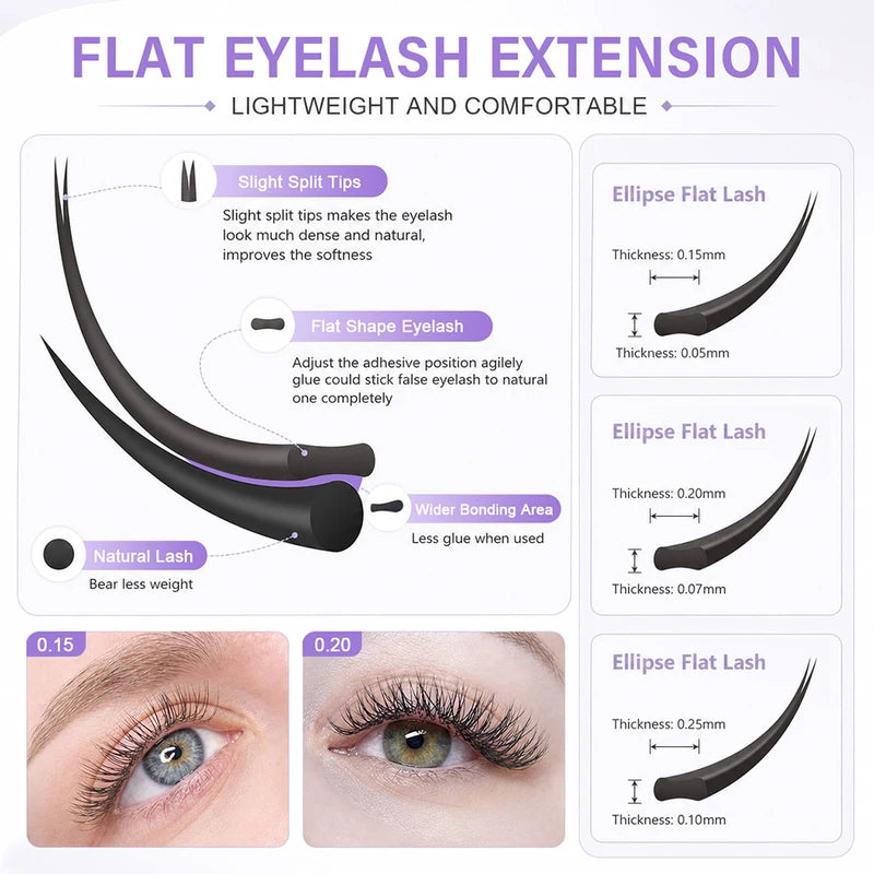 Ellipse Flat Lashes Fake Eyelash Extensions - Soft Split Tips, Natural Look