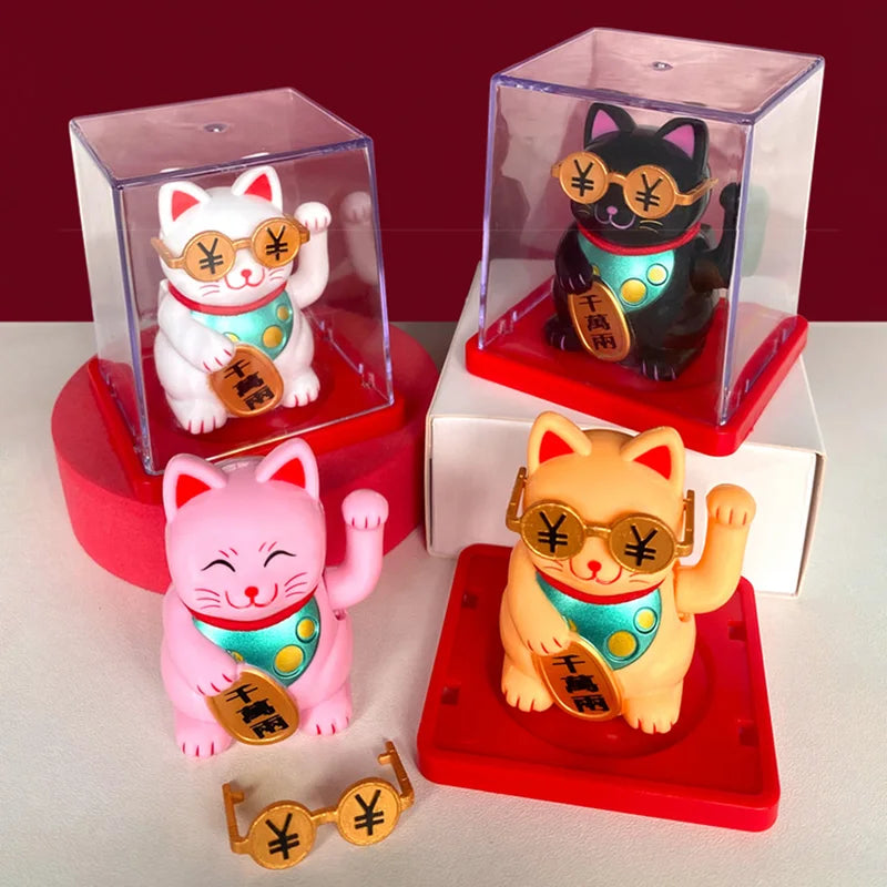 Mini Solar Lucky Cat Figurine with Acrylic Cover for Desk & Car Decor - Good Luck Gift