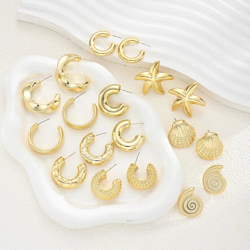 Vintage Gold Plated Ocean Earring Set with Starfish Shell Conch Textured Hoops for Women Summer Beach Jewelry