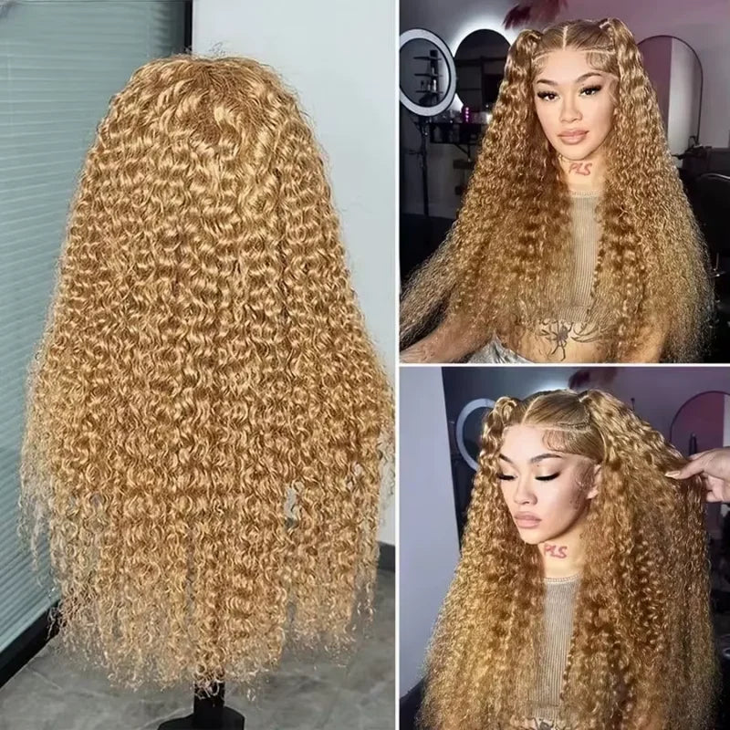 Deep Wave Lace Front Wig Honey Blonde HD 13x6 Transparent Frontal Human Hair 26-32in