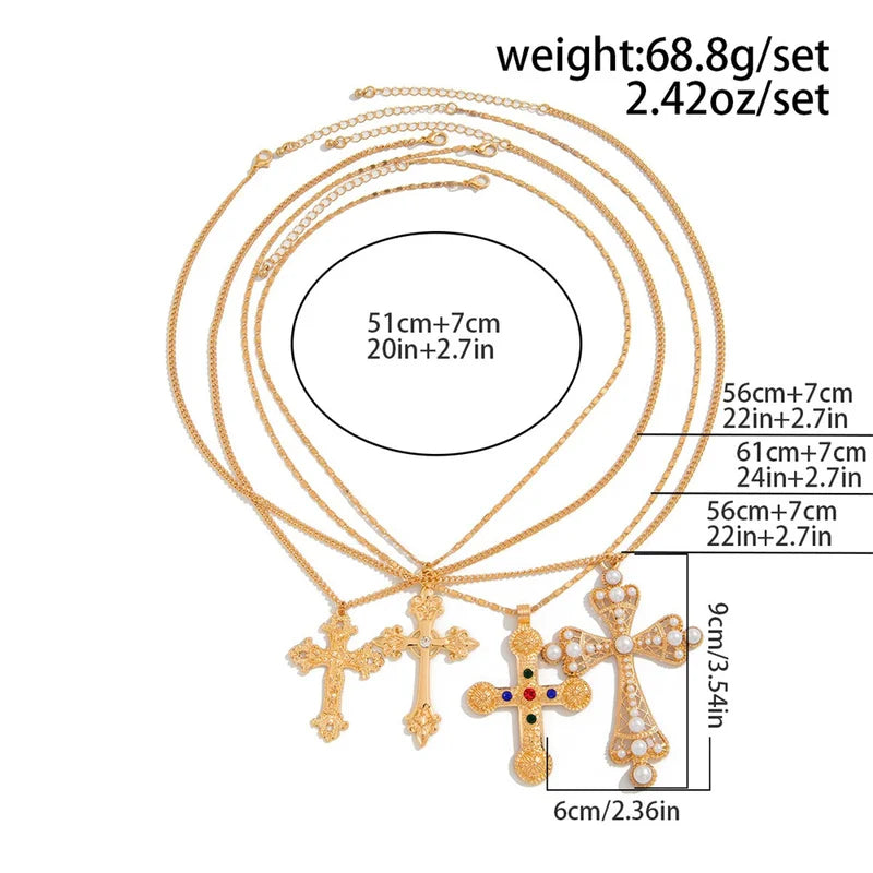 4Pcs Zircon Cross Pendant Necklace Set for Women - Vintage Adjustable Gold Chain Jewelry