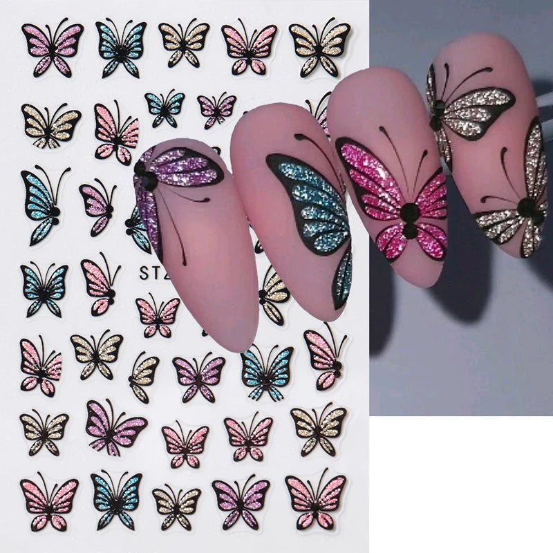 Glitter Butterfly Nail Stickers Decals - Self-Adhesive Floral & Gothic Designs
