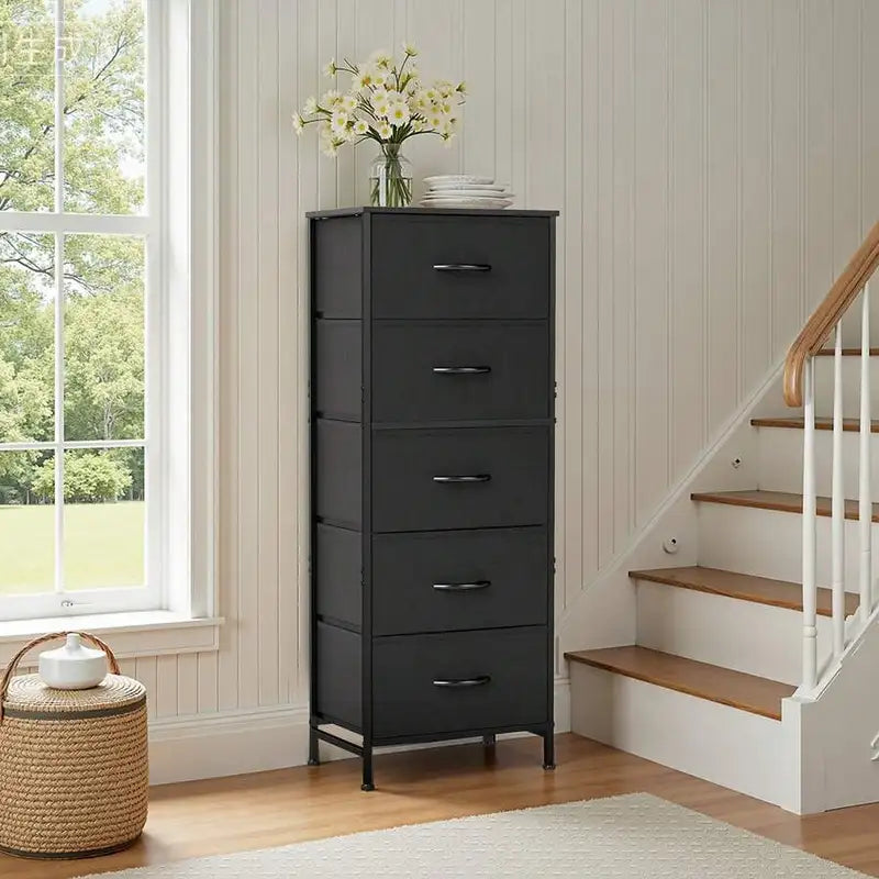 5-Drawer Dresser with Fabric Bins, Steel Frame & Wood Top - Bedroom Storage Organizer