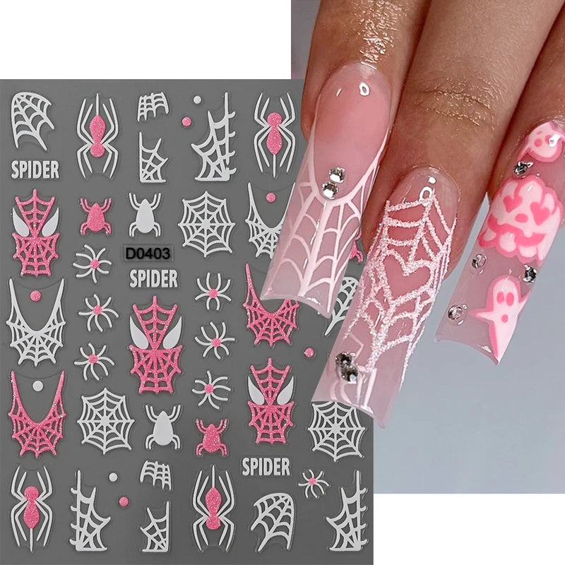 Halloween Skull Nail Stickers Glitter Powder 3D Nail Art Decals for Manicure