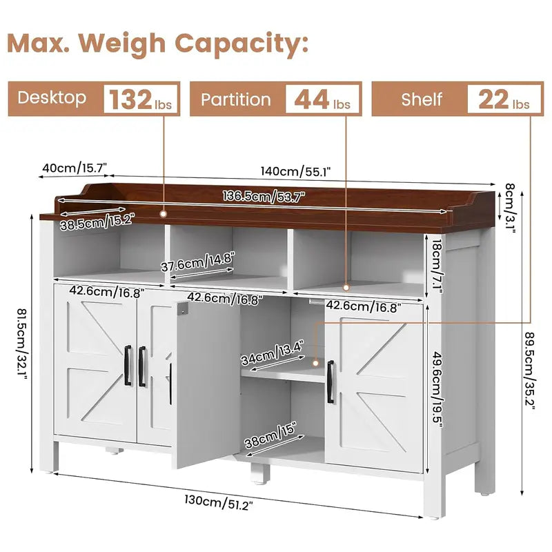 Farmhouse Style Buffet Cabinet with 4 Doors and 3 Open Shelves - Customizable Colors