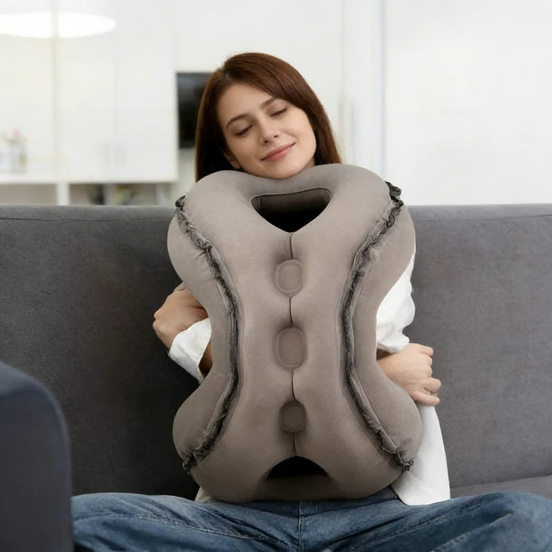 Inflatable Travel Neck Pillow with Chin Support for Airplane Car Office Resting