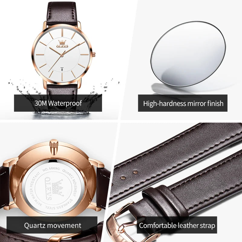 Men's Waterproof Leather Strap Watch with Auto Date - Ultra Thin Quartz