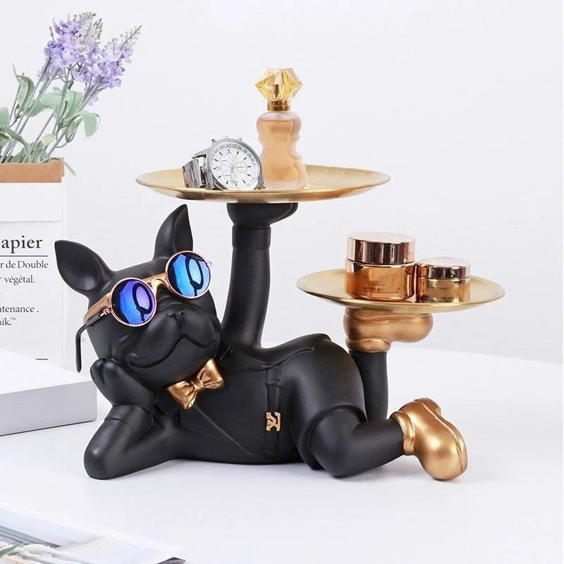 Dog Sculpture Storage Box with Tray - Resin Bulldog Decor for Table or Entryway
