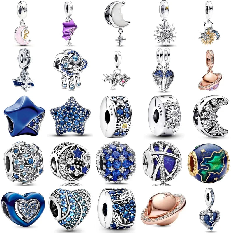 Deep Blue Space Star Moon Charm Beads for DIY Bracelets - Silver 925