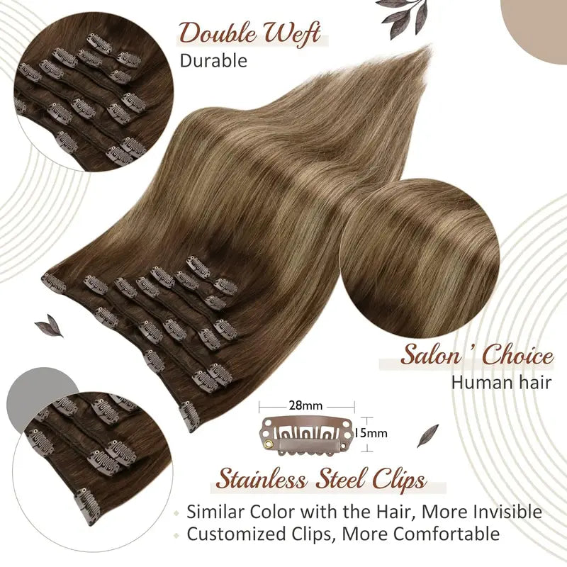 Full Shine Human Hair Clip-In Extensions 7PCS - Natural Straight & Wavy Hair
