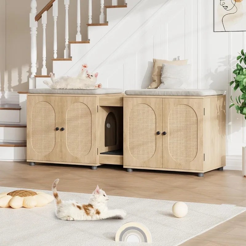 Large Multi-Cat Hidden Litter Box Enclosure with Rattan Doors & Storage