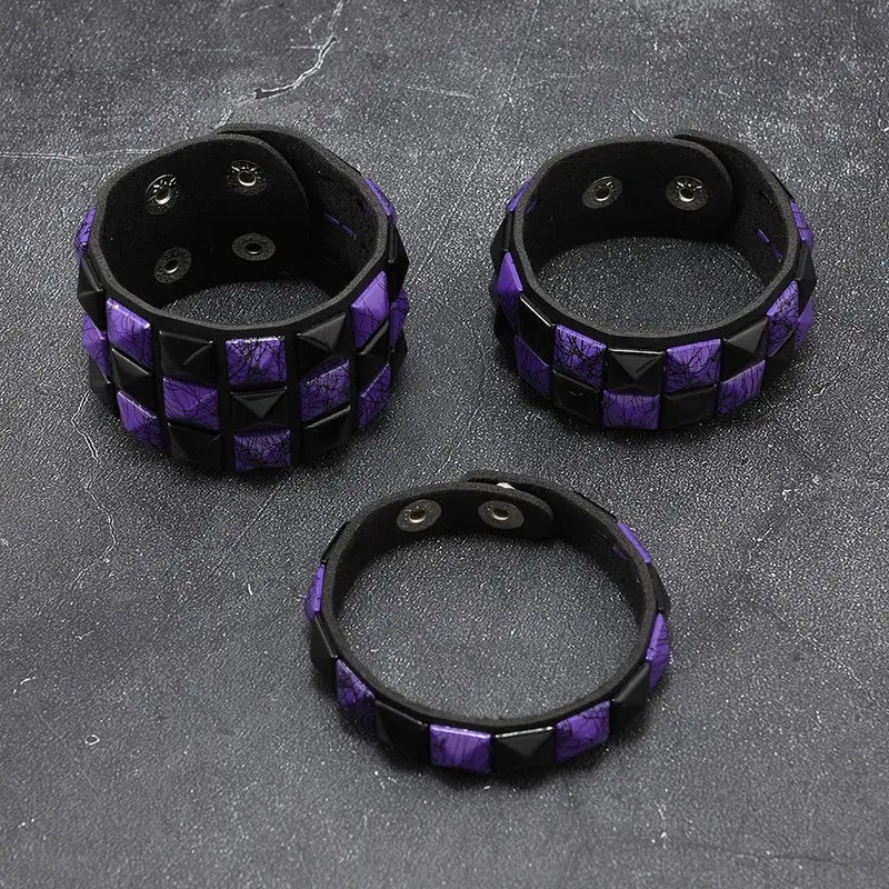 Leather Wristband Set with Square Rivets - Punk Gothic Adjustable Bracelets for Men Women