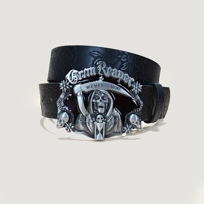 Unisex Punk Skull Leather Belt with Skeleton Hand Embossed Design for Gothic Halloween Accessories