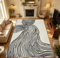 Minimalist Black Line Abstract Wave Area Rug - Boho Textured Non Slip Washable Floor Mat