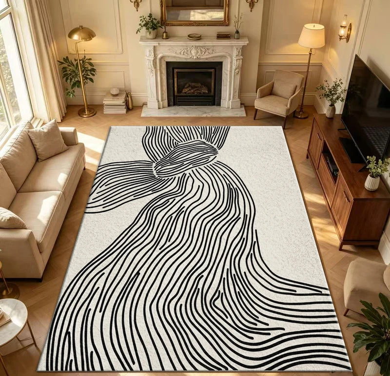 Minimalist Black Line Abstract Wave Area Rug - Boho Textured Non Slip Washable Floor Mat