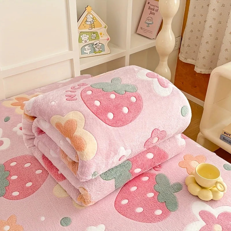 All-Season Flannel Throw Blanket with Pink Strawberry Flower Design - Soft & Washable