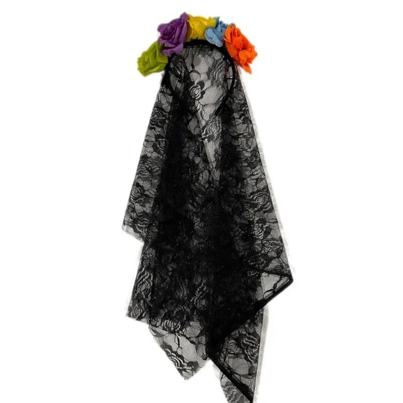 Halloween Rose Flower Crown Headband with Veil for Costumes & Parties