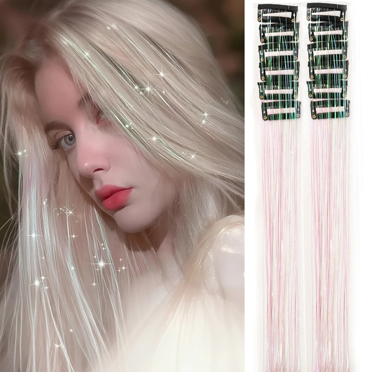 12Pcs Glitter Tinsel Hair Clips Kit - Synthetic Fairy Hair Accessories for Styling