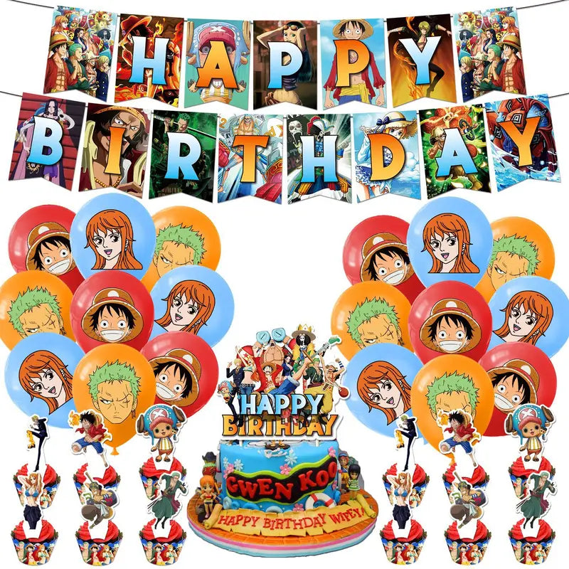 One Piece Birthday Party Decor Set with Plates Banner Balloons Cake Topper