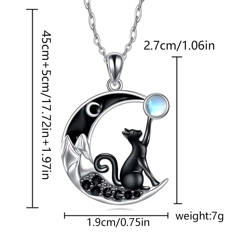 Black Cat Moon Pendant Necklace for Women - Cute Kitten Moonstone Choker Jewelry