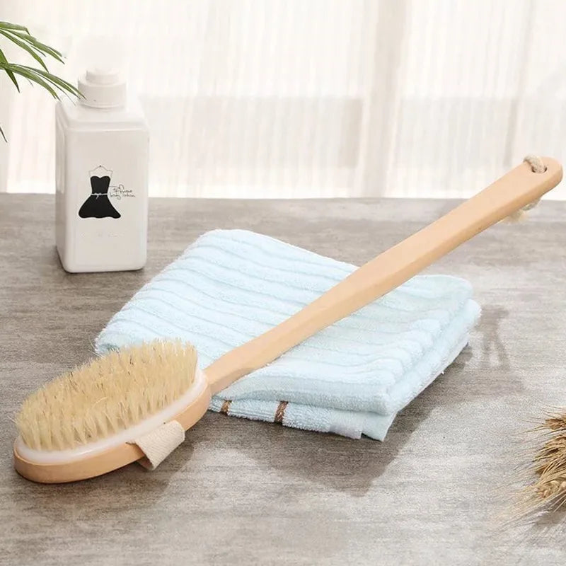 Natural Bath Brush with Long Wooden Handle for Exfoliating and Body Cleaning