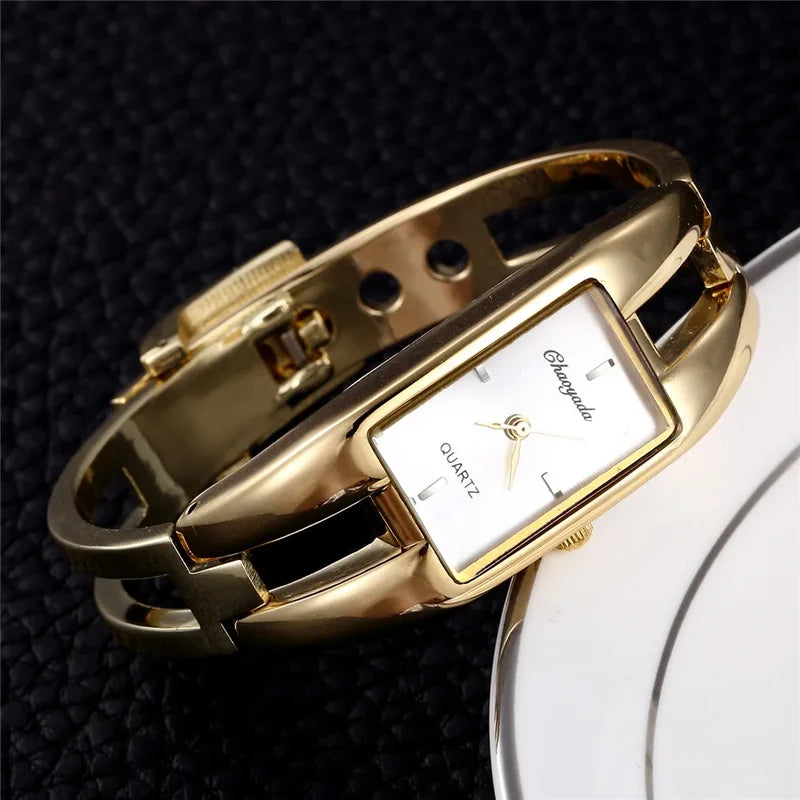 Luxury Rectangle Women Bangle Watch - Elegant Gold, White, Black Dial