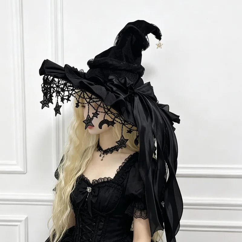 Velvet Lace Witch Hat with Moon Pendant - Halloween Costume Party Accessory