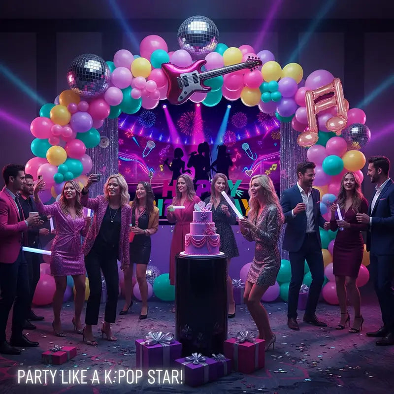 Kpop Music Hunter Birthday Decorations Party Supplies Pink Purple Teal Yellow Guitar Notes Star Disco Balloons
