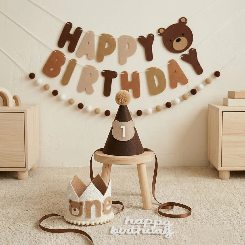 Boho Felt Teddy Bear Party Decor Set with Birthday Banner and Foil Balloons