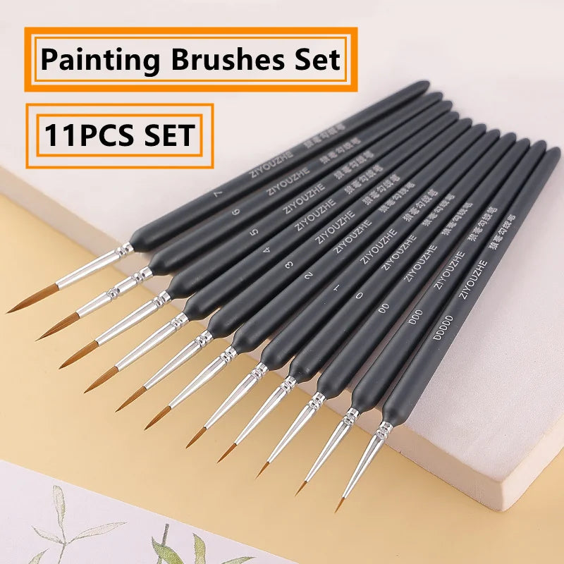 11Pcs Fine Soft Wolf Hair Paint Brushes Set for Watercolor, Oil & Nail Art