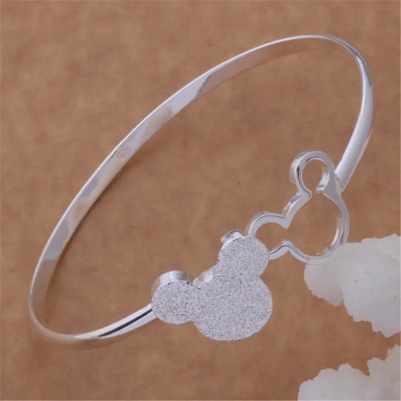 925 Sterling Silver Mickey Bangle Bracelets for Women - Frosted Jewelry Gift