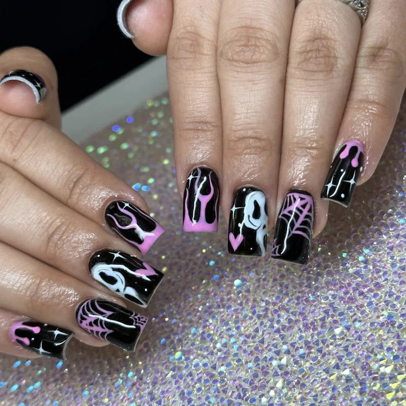 Halloween False Nails Set - Gothic Punk Coffin Shape with Rose Bat Ghost Print